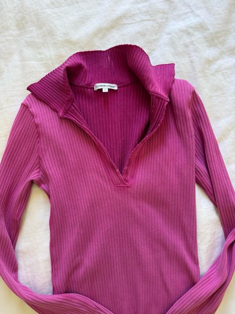 Cotton Citizen Ribbed V-Neck Turtleneck in Raspberry - Picture 2 of 4